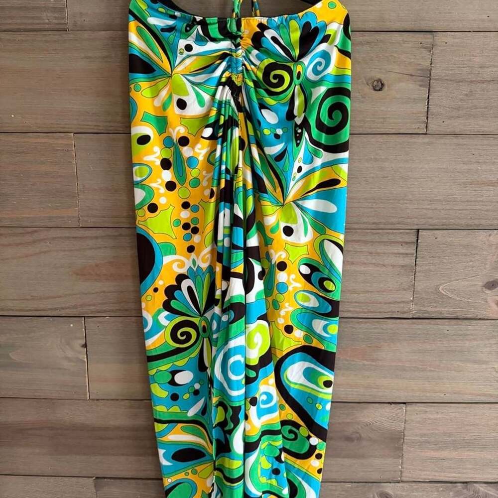 Zara Halter Neck Dress Abstract Swirls Green Blue Yellow Size S
